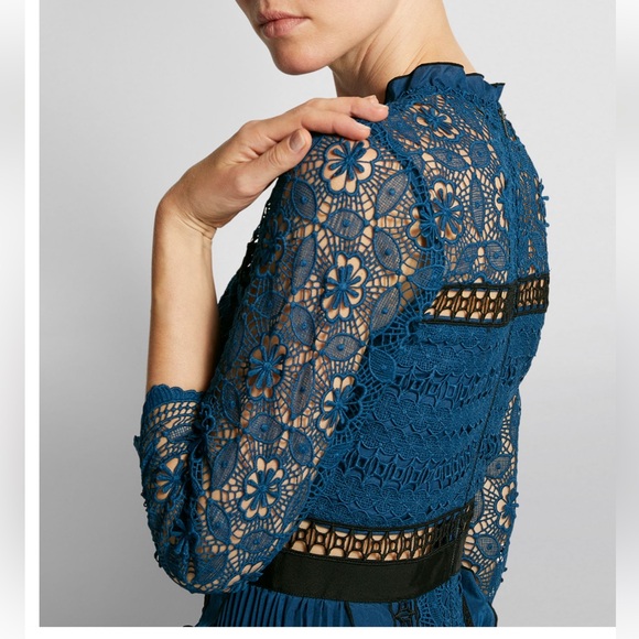 Self Portrait Guipure Lace Pleated Blue Mini Dress 4 - Picture 3 of 9
